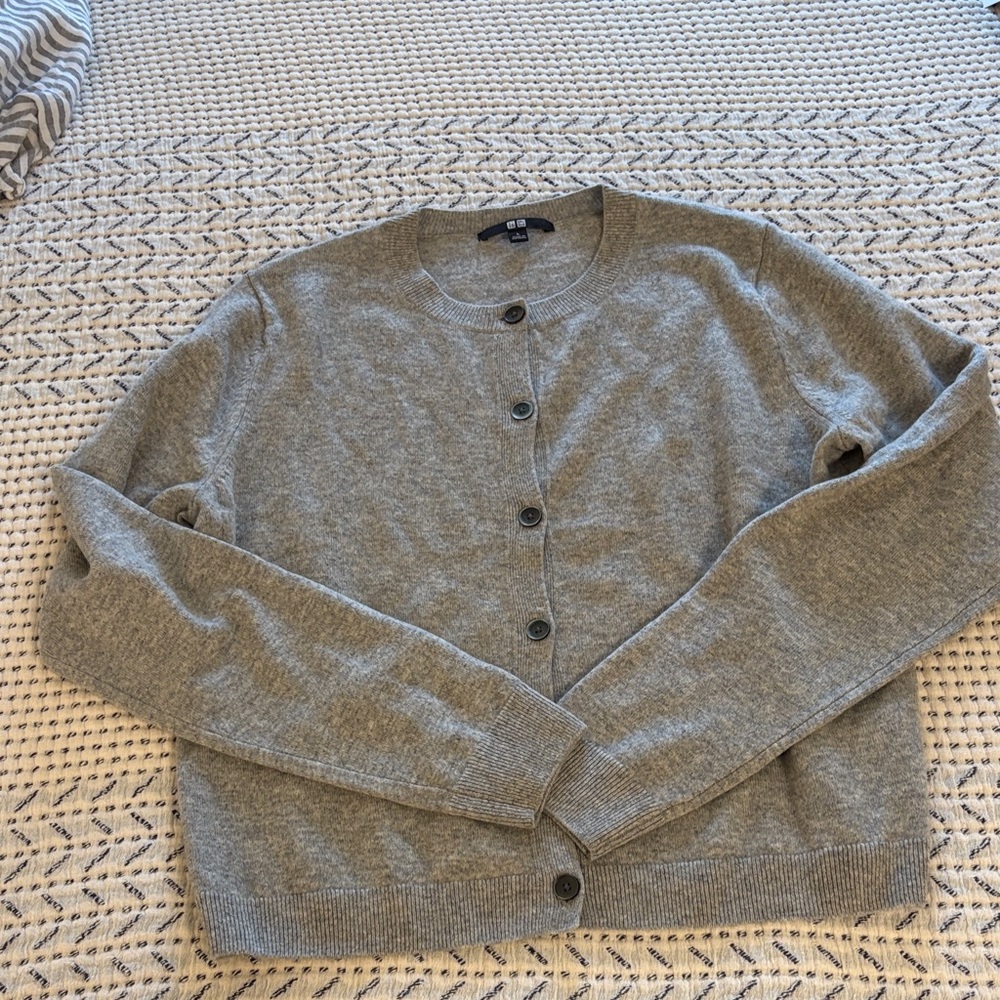 Gray Cashmere Button-Up Cardigan
